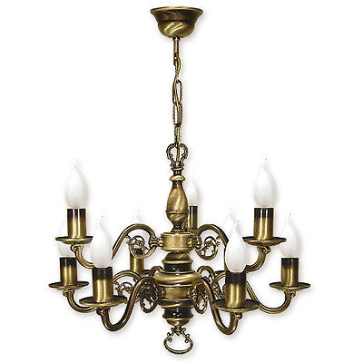CHANDELIER 9 ARMS TRADITIONAL CEILING LIGHT - ANTIQUE BRASS FINISH - CANDLE LED