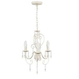 Distressed White Chandelier 3 Way Vintage Light Clear Acrylic Jewels Shabby Chic