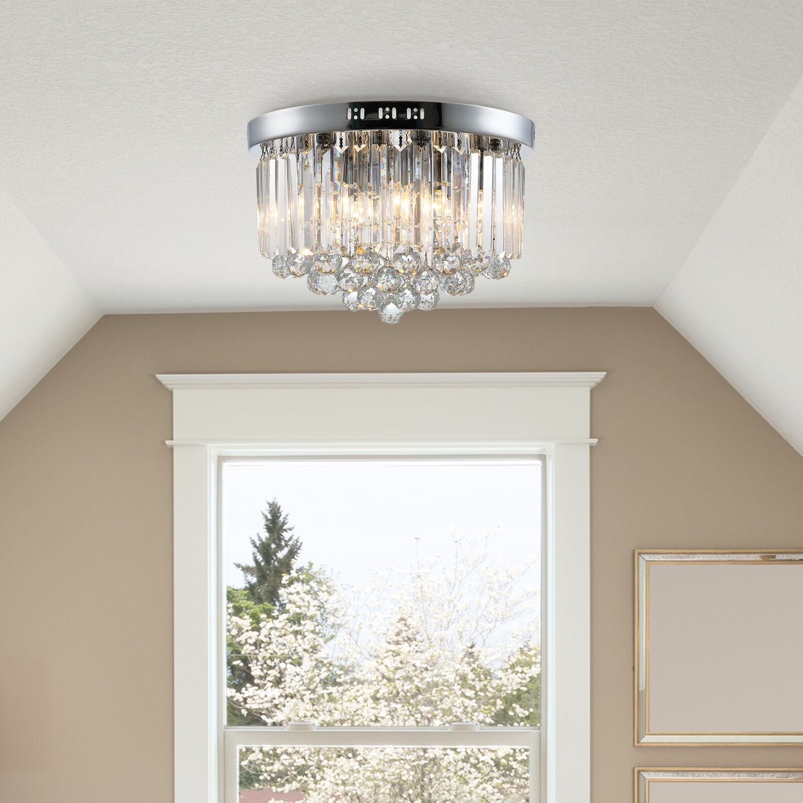 HOMCOM Modern Crystal Ceiling Light Chandelier for Living Room Kitchen Silver