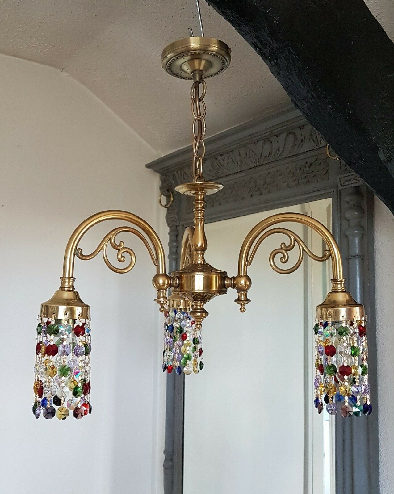 Vintage Brass Christopher Wray Chandelier 3 Arm - Strings of COLOURED CRYSTALS