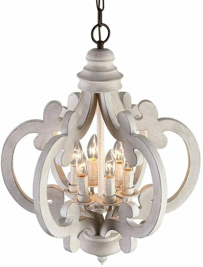 Farmhouse Distressed White Weathered Wooden Chandelier Pendant & 6 Candle Lights