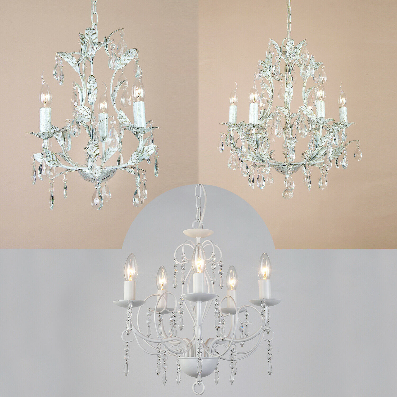 LAUREN White Antique Candle Vintage E14 Chrome Chandelier Ceiling Light French