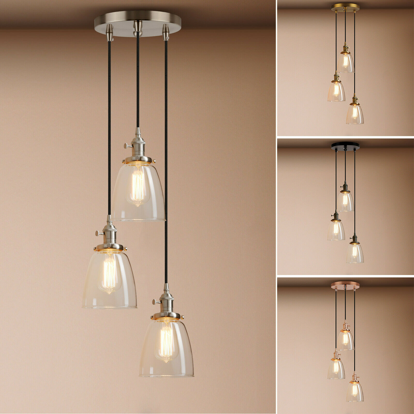 CLUSTER 3 RETRO INDUSTRIAL LAMP CLOCHE GLASS SHADE LOFT CEILING PENDANT LIGHTING