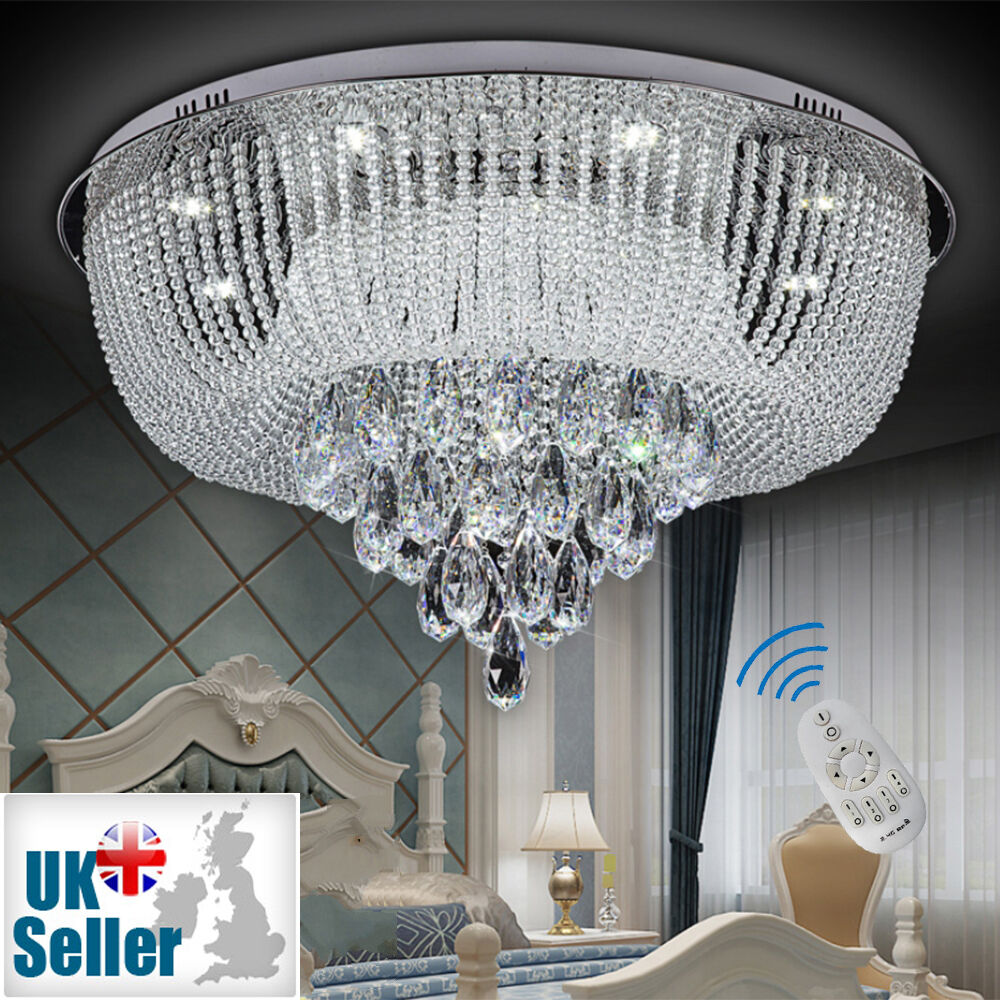 Remote CTRL + Bluetooth 3 Colours Genuine Crystal Flush Ceiling Light Chandelier