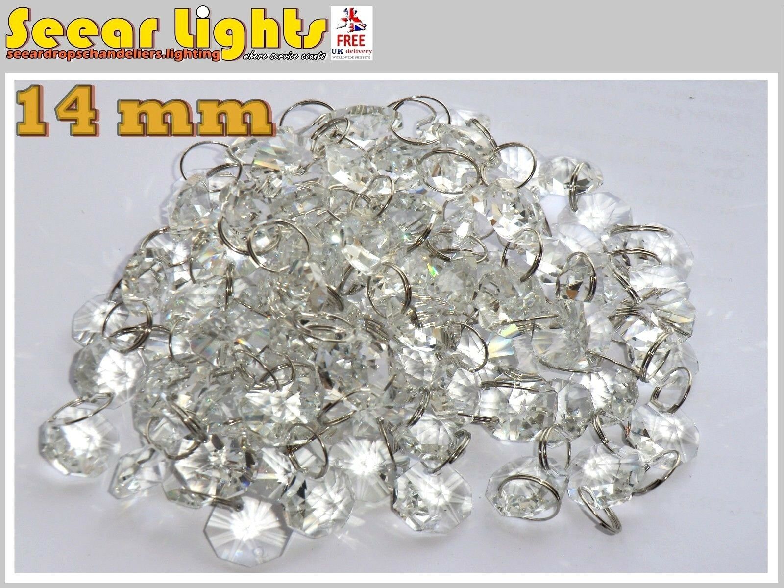 100 CHANDELIER LIGHT CRYSTALS DROPLETS GLASS BEADS DROPS 14mm LAMP PARTS 2m LONG