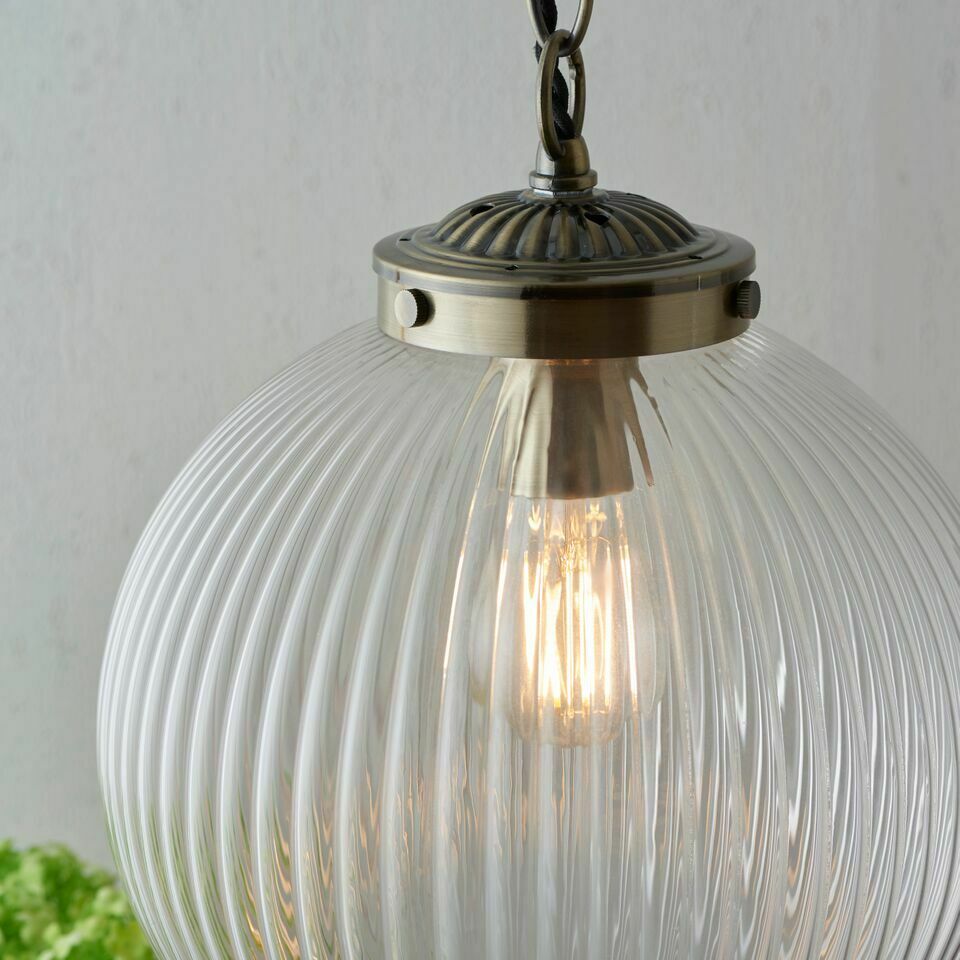 Single Light Pendant Art Deco Ceiling Fitting Ribbed Glass & A. Brass Dia: 25cm