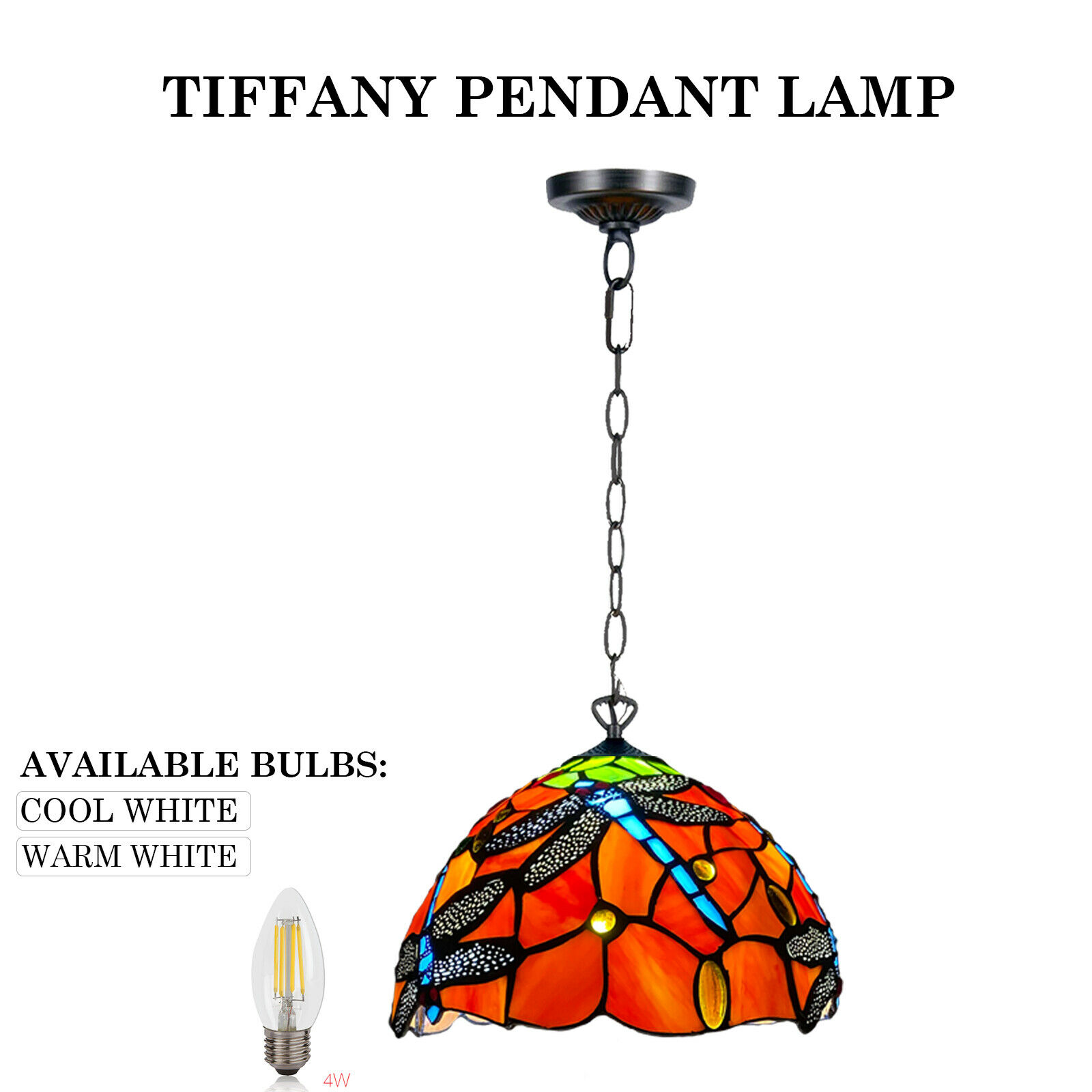 Tiffany Dragonfly Pendant Lamp 10'' Multicolored Stained Glass Shade For Room
