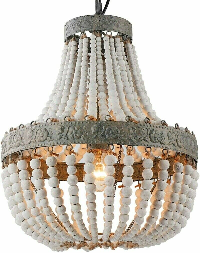 Wood Bead Chandelier Pendant Ceiling Lamp Gray White Finishing Vintage Rustic