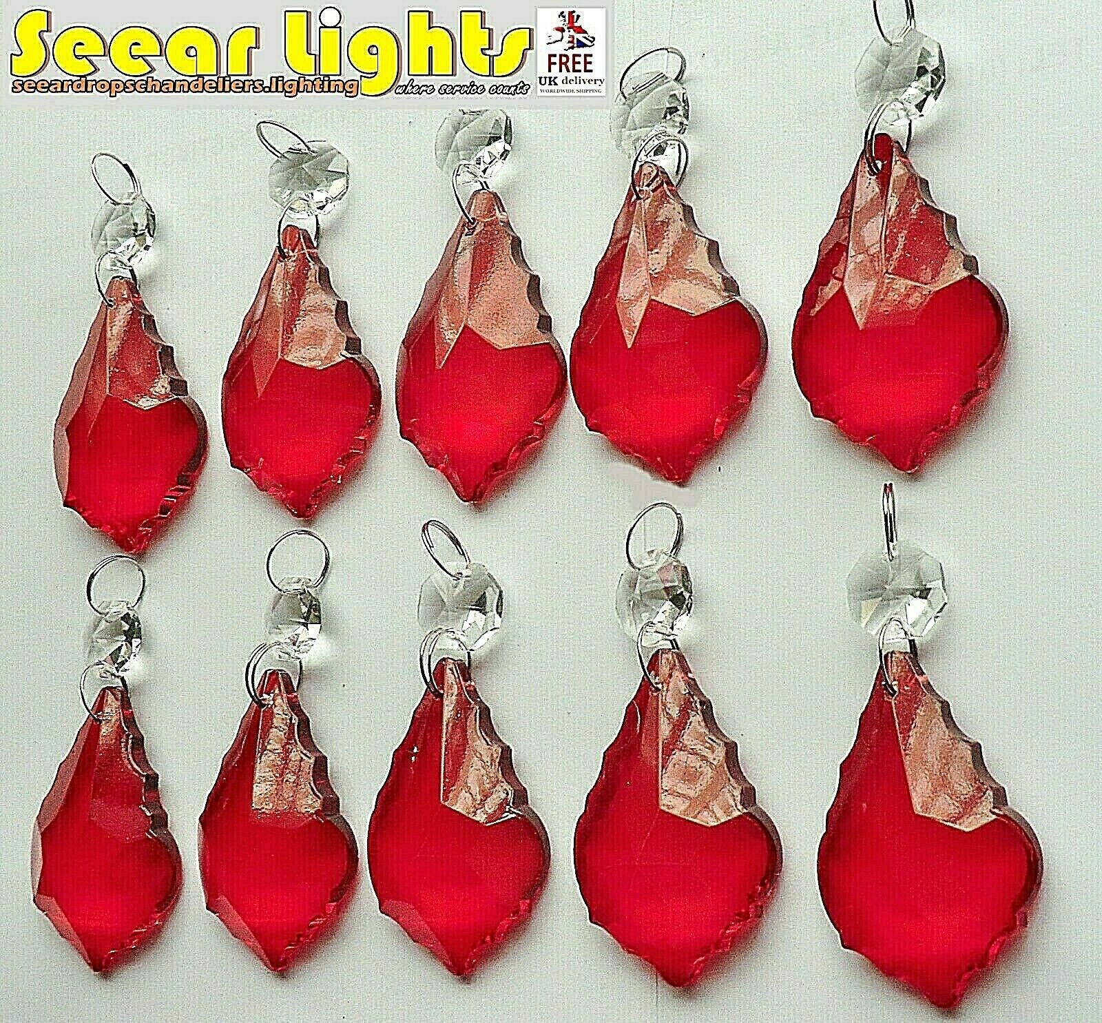 CHANDELIER VINTAGE RED GLASS CRYSTALS LEAF DROPS BEADS LIGHT LAMP PARTS DROPLETS